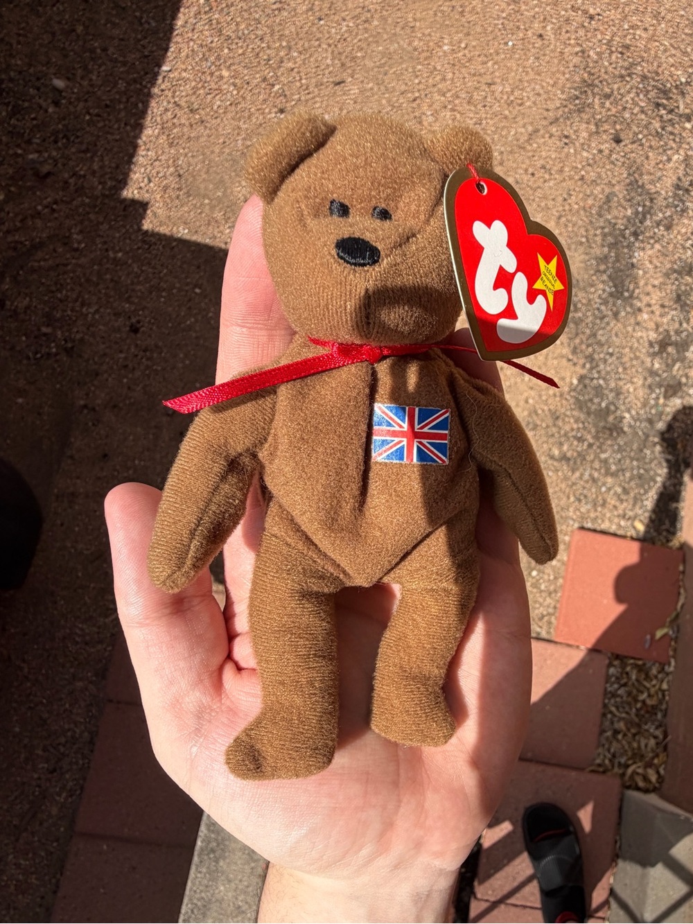 Ty Brown Bear Plush with Red Ribbon and Union Jack Patch